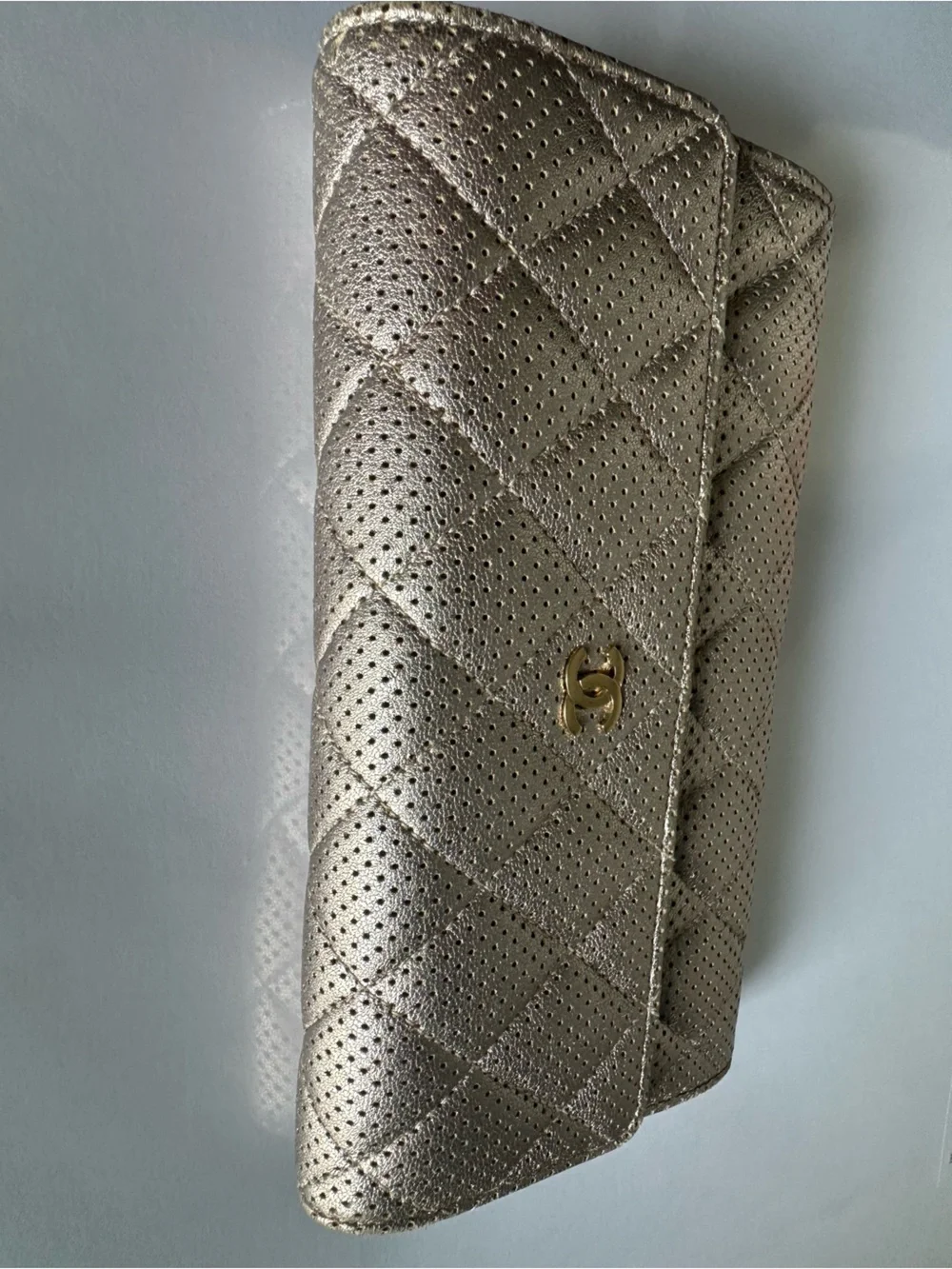 CHANEL Metallic Champagne Perforated Quilted Long Wallet + Unbranded WOC Kit